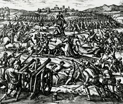 Francisco Pizarron (noin 1475-1541) joukot vangitsivat inkakeisari Atahualpan Cajamarcan taistelussa 16. marraskuuta tekijältä Theodore de Bry