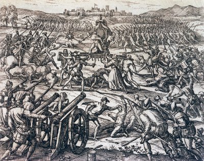 Francisco Pizarron (noin 1475-1541) joukot vangitsivat inkakeisari Atahualpan Cajamarcan taistelussa 16. marraskuuta tekijältä Theodore de Bry