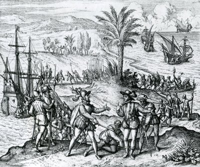 Francisco de Bobadilla saapuu kuvernööriksi ja pidätti Christopher Columbuksen (1451-1506) Hispaniolassa, 1500, 1590 tekijältä Theodore de Bry