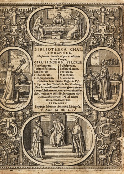 Etulevy rajojen sisällä olevien tiedemiesten vinjeteillä. tekijältä Theodore de Bry
