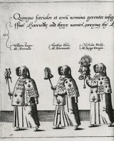 Heraldit Sir Philip Sidneyn hautauskortegissa matkalla St. Paulin katedraaliin, 1587 tekijältä Theodore de Bry