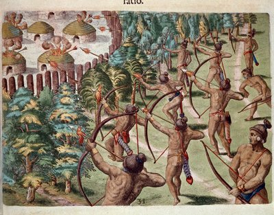 Amerikan historia: "" Intiaaniheimo hyökkää kylään Floridassa yöllä"" Kaiverrus Theodore de Bryn (1528-1598) "" Admirante Narratio Americaesta" tekijältä Theodore de Bry