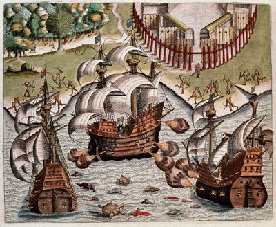 Amerikan historia: "" Taistelu portugalilaisten ja ranskalaisten laivastojen välillä Brasilian rannikolla Potiguaran merellä"" Kertomus Hans Stadenin matkoista, saksalainen tutkimusmatkailija, joka lähti espanjalaisten laivastojen kanssa Brasiliaan Tupinam tekijältä Theodore de Bry