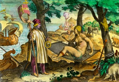 Amerikan historia: italialaisen navigaattorin Amerigo Vespuccin ensimmäinen kontakti Amerikan intiaanien kanssa tekijältä Theodore de Bry