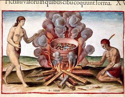 Amerikan historia: "Indian Cooking Fish" -kaiverrus Theodore de Bryn (1528-1598) "Amerikan ihailtavasta kertomuksesta" tekijältä Theodore de Bry