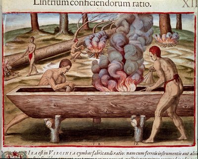Amerikan historia: "Intiaanit rakentavat veneitä"" Kaiverrus Theodore de Bryn (1528-1598) "Admirante Narratio Americaesta" tekijältä Theodore de Bry