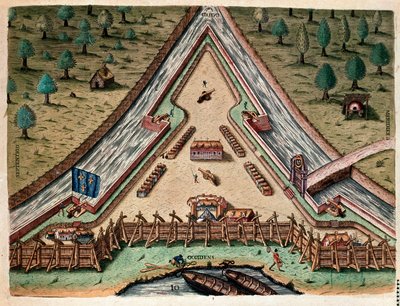Amerikan historia: "Life of Fort Carolina, Bastion of Carolina" "Kaiverrus "Admirante Narratio Americaesta" Theodore de Bry (1528-1598) Jacques le Moynen (de Morgues) (1533-1588) piirustuksen perusteella tekijältä Theodore de Bry