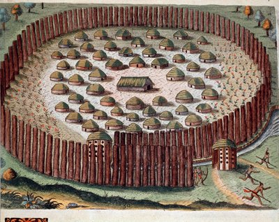 Amerikan historia: "" Esitys intiaanikylästä, joka on linnoitettu Floridassa"" Kaiverrus Theodore de Bryn (1528-1598) "" Admirante Narratio Americaesta"" tekijältä Theodore de Bry