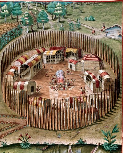 Amerikan historia: "" Pomeiockin tai Pomeioocin linnoitettu kaupunki Virginiassa vuonna 1585""" Kaiverrus Theodore de Bryn (1528-1598) "" Admirante Narratio Americae"" -kirjasta tekijältä Theodore de Bry