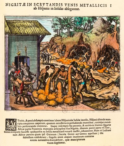 Amerikan historia: espanjalaiset hyödyntävät kultakaivoksia. Intiaanit työskentelevät uudisasukkaiden silmien edessä. Kaiverrus Theodore de Bry (1528-1598). 1500-luvun yksityinen kokoelma tekijältä Theodore de Bry