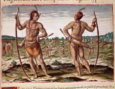 Amerikan historia: "" Kaksi Virginian asukasta, intialaiset nuolet ja jouset"" Kaiverrus Theodore de Bryn (1528-1598) "" Admirante Narratio Americaesta" tekijältä Theodore de Bry