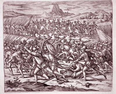 Amerikan historia: taistelut Vaca de Castron ja Almagro juniorin armeijoiden välillä Francisco Pizarron ja Diego de Almagron kuoleman jälkeen (kaiverrus tekijältä Theodore de Bry