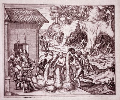 Amerikan historia: espanjalaiset hyödyntävät kultakaivoksia (kaiverrus tekijältä Theodore de Bry
