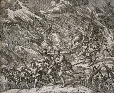 Hurrikaani upottaa Santa Marian, Christopher Columbuksen karavellin tekijältä Theodore de Bry