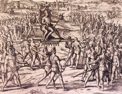 Francisco Pizarron (1475-ca 1541) espanjalaisten joukkojen kukistama inkakeisari Atahualpa, Peru, kaiverrus teoksesta American History, tekijä Theodore de Bry (1528-1598), Frankfurt tekijältä Theodore de Bry