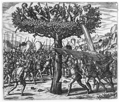 Intiaanit puussa heittelevät ammukset espanjalaisille tekijältä Theodore de Bry
