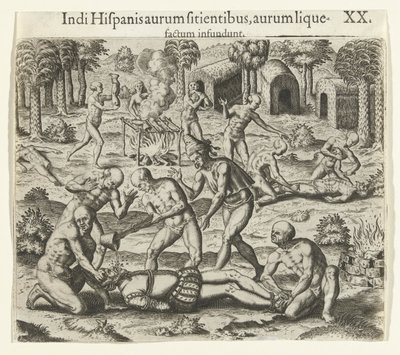 Intiaanit kaatavat nestemäistä kultaa espanjalaisen suuhun, 1594. tekijältä Theodore de Bry