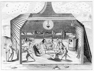 Barentsin talo Novaja Zemljalla, A.E. Nordenskioldin teoksesta The Voyage of the Vega ympäri Aasiaa ja Eurooppaa, julkaistu 1881 tekijältä Theodore de Bry