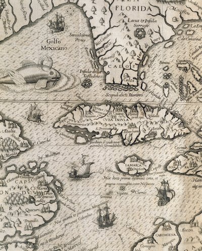 Kuuban saari, Florida ja Meksikonlahti, kaiverrus American Grand Voyages -historiasta tekijältä Theodore de Bry