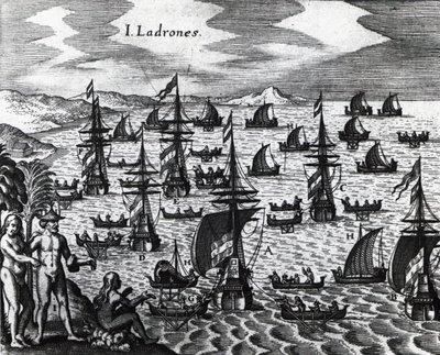 Varkaiden saaret (Islas de los Ladrones, nykyään Marianassaaret), Theodor de Bryn (1528-1598) kaiverrus Peregrinationesista. 16. vuosisata tekijältä Theodore de Bry