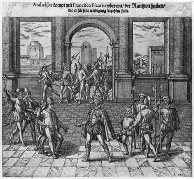 Kuningas Atahualpa (n. 1502-33) hoitaa lunnaita Francisco Pizarron kanssa, 1533 (kaiverrus) (bw kuva) tekijältä Theodore de Bry