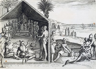 Kuningas vastaanottaa eurooppalaisia vieraita, Cape Lopez, Gabon, Theodor de Bryn (1528-1598) kaiverrus Intiasta orientalis, Afrikka tekijältä Theodore de Bry