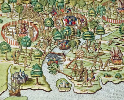 Piiritys- ja hyökkäysmenetelmät, teoksesta "Americae Tertia Pars...", 1592. tekijältä Theodore de Bry