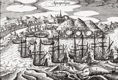 Meksiko, Acapulcon näkymä - Meksiko (Aquapolque), Theodore de Bry, n. 1630. Varhainen näkemys Acapulcon siirtomaa-asunnosta, jota espanjalaiset käyttivät pääsatamana Tyynenmeren kauppaansa Filippiinien kanssa. Satama on täynnä galleoneja ja laaria tekijältä Theodore de Bry