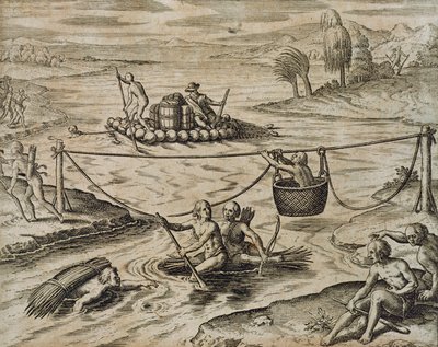 Alkuperäisen Amerikan intiaanit menevät alas joelle Rapids, kirjoittanut Theodore de Bry tekijältä Theodore de Bry