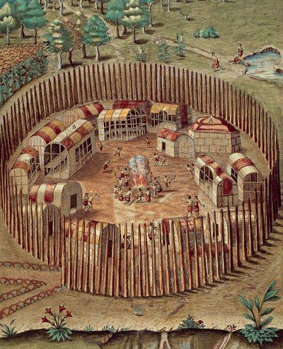Native American linnoitettu kylä Virginiassa tekijältä Theodore de Bry