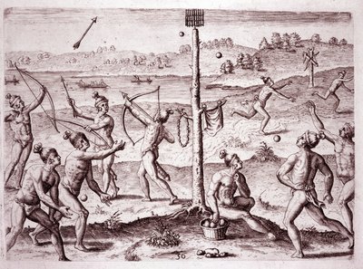 Alkuperäisamerikkalaiset harjoittelevat juoksua, nuolia ja pallonheittoa, Florida (kaiverrus tekijältä Theodore de Bry