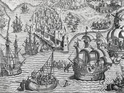 Meritaistelu, Theodore de Bryn (1528-1598) kaiverrus Amerikan historiasta, Frankfurt tekijältä Theodore de Bry