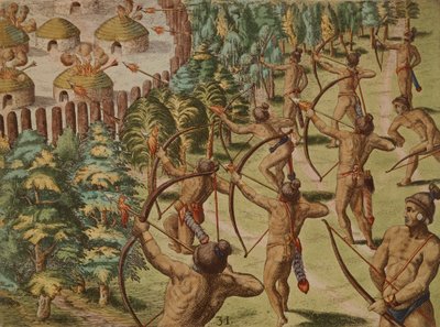 Yöhyökkäys intialaiseen kylään palavilla nuolilla tekijältä Theodore de Bry