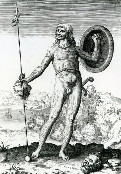 Pictish mies, jolla on ihmispää tekijältä Theodore de Bry