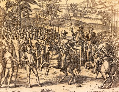 Alkuperäiset toivottavat Pizarron tervetulleeksi, Theodore de Bryn kuvitus Amerikan historiasta tekijältä Theodore de Bry