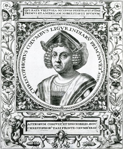 Muotokuva Christopher Columbuksesta (1451-1506) julkaisusta "The Narrative and Critical History of America", toimittanut Justin Winsor, Lontoo, 1886 tekijältä Theodore de Bry