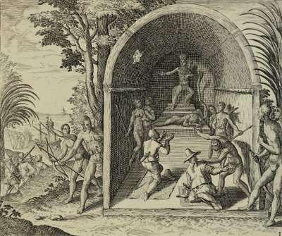 Portugalilaiset navigaattorit saapuvat Etiopiaan, kuvitus Itä-Intiasta Antonio Pigafetta, Theodore de Bry tekijältä Theodore de Bry