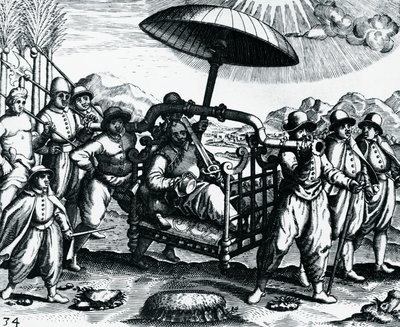 Portugali Intiassa, kuljetettu pentueen päällä, kaiverrus Peregrinationesista, Theodor de Bry (1528-1598), Intia tekijältä Theodore de Bry