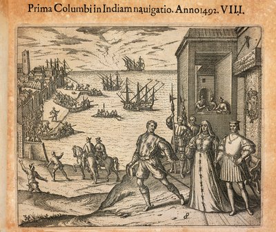 Kuningatar Isabel ja kuningas Ferdinand tervehtivät Kristoffer Kolumbuksen lähtöä Palosissa, Espanjassa, Theodor de Bryn (1528-1598) kaiverrus tekijältä Theodore de Bry
