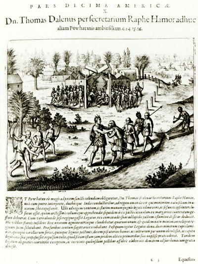 Ralph Hamor vierailee Powhatanissa, 1619 (kaiverrus) (bw kuva) tekijältä Theodore de Bry