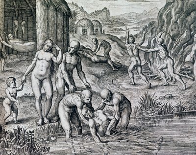 Alkuperäisten käyttämät lääkkeet sairauksia vastaan, kaiverrus Historia Americasta, kirjoittanut Theodor de Bry (1528-1598), Frankfurt tekijältä Theodore de Bry