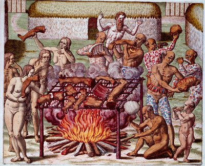 Kannibalismikohtaus Brasiliassa Intiaanit söivät vihollisiaan ja vankejaan. Kaiverrus teoksesta "Admirante Narratio Americae", kirjoittanut Theodore de Bry (1528-1598). tekijältä Theodore de Bry