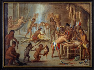 Kannibalismin kohtaus Brasiliassa vuonna 1644 Intiaanit söivät vihollisensa ja vanginsa. Jan van Kesselin maalaus dit le vieux