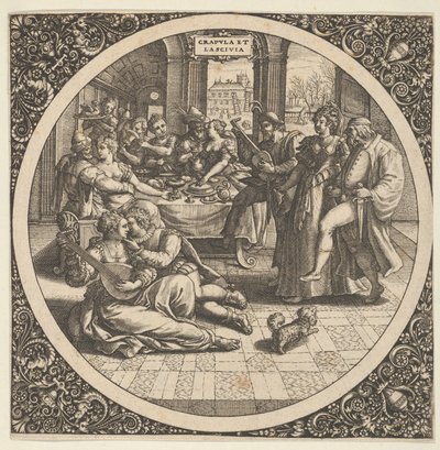 Kohtaus Galantsin kanssa banketissa ympyrässä keskellä, 1580-1600. tekijältä Theodore de Bry