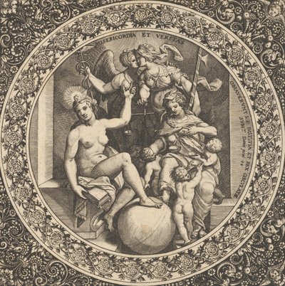 Kohtaus Misericordia ja Veritas ympyrässä keskellä, 1580-1600. tekijältä Theodore de Bry