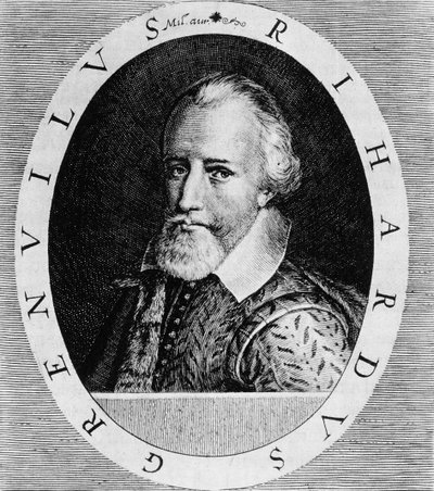 Sir Richard Grenville (n. 1541–1591), Johann Ludwig Gottfriedin teoksesta "Newe Welt und Americanische Historien", julkaisija Mattaeus Merian, Frankfurt, 1631 tekijältä Theodore de Bry