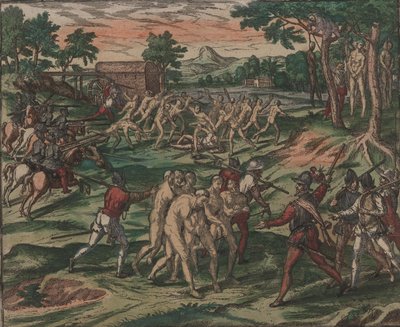 Orjat yrittävät voittaa espanjalaiset omistajansa, mutta heidät vangitaan ja hirtetään puihin, 1595. tekijältä Theodore de Bry