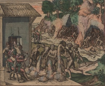 Orjat kaatavat malmia eurooppalaisten sotilaiden edessä. Taustalla kaivoksissa työskentelee orjia, 1595. tekijältä Theodore de Bry
