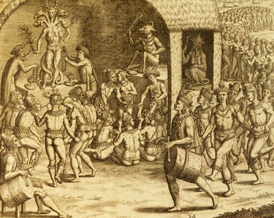 Etelä-Amerikan alkuperäiskansojen uskonnollinen riitti, kaiverrus Historia americaesta, Theodor de Bry (1528-1598), Frankfurt tekijältä Theodore de Bry