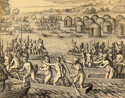 Etelä-Amerikan alkuperäisasukkaat hyökkäävät valloittajien laivoja vastaan tekijältä Theodore de Bry